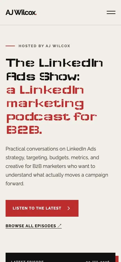 Independent podcast concept at 390 pixels introducing The LinkedIn Ads Show and its B2B audience